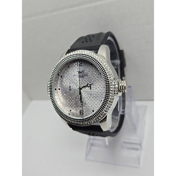 Techno King 51mm Iced Out Crystal Bezel Dial Black Strap Quartz Mens New Battery - Picture 3 of 9